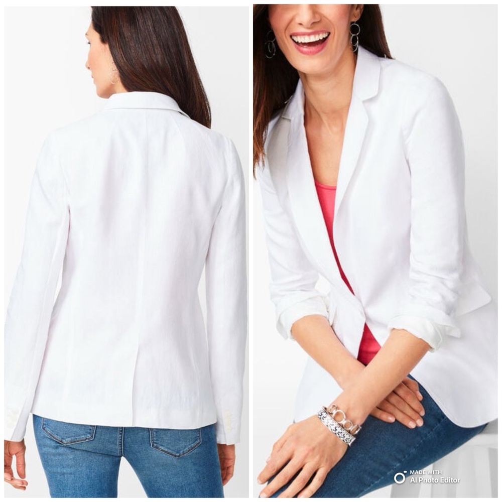 Talbots Classic Summer Linen Blazer White One Button Flap Pockets Lined Size 14